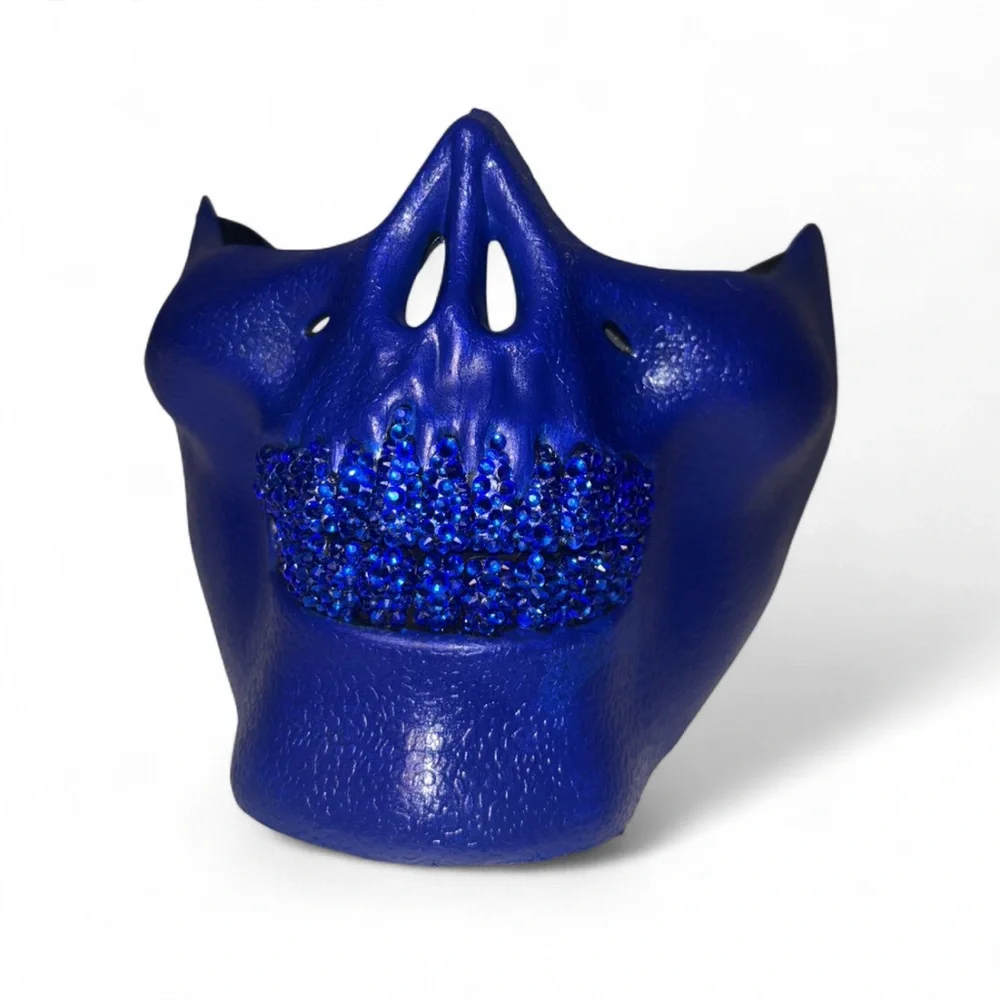 Blue Half Skull Mask With Blinged Out Sapphire Blue Luxe Crystal Grillz New
